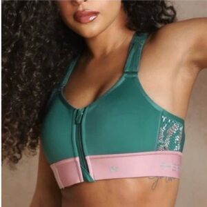 SHEFIT Ultimate Sports Bra 6Luxe High Impact Teal Pink Lace Print Zip Front